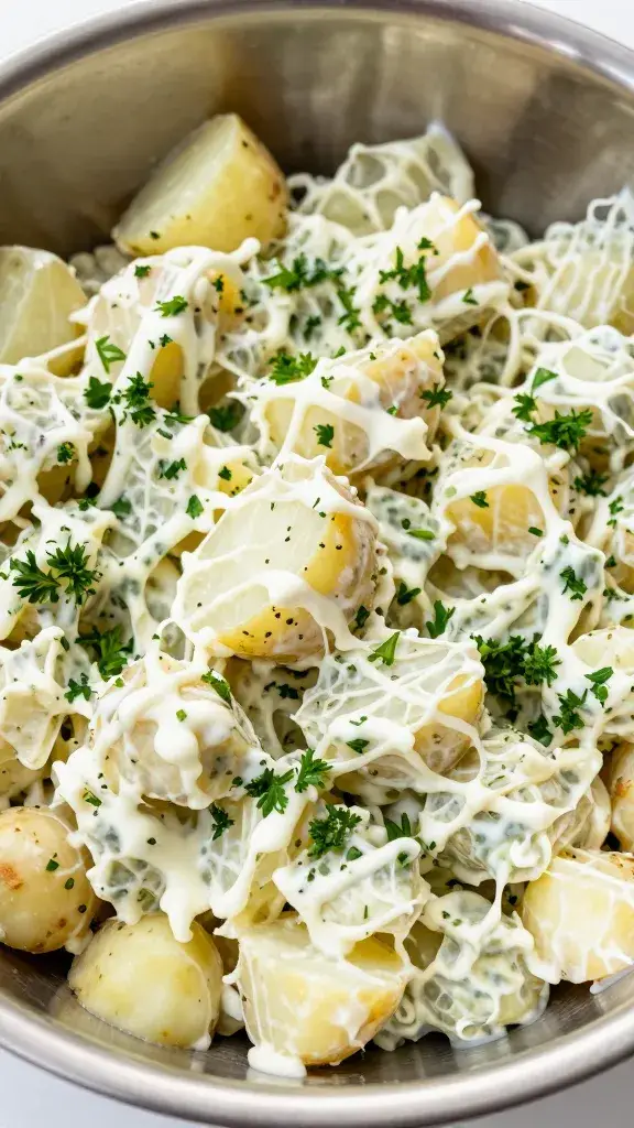 large mixing bowl of potato salad with parsley garnish, closeup