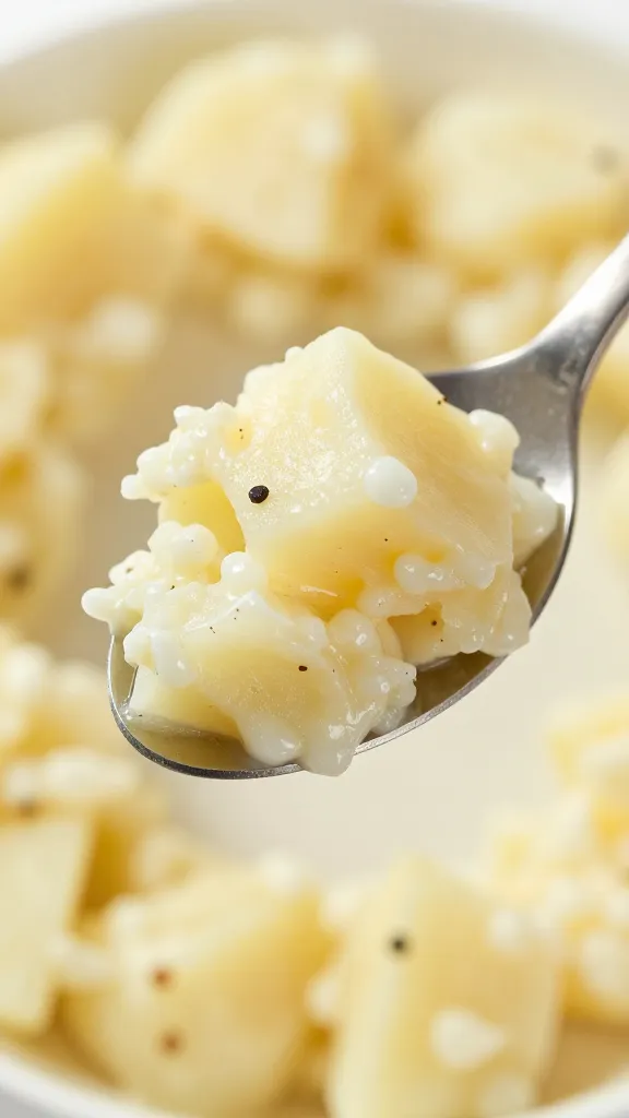 single serving spoon mounded with potato salad, macro