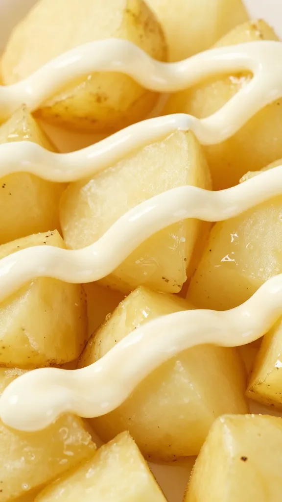 closeup of glossy mayonnaise dressing coating potato chunks