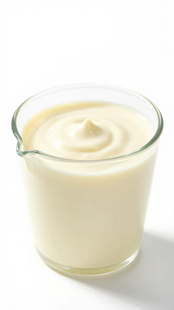 Measuring cup of creamy coleslaw dressing, macro shot