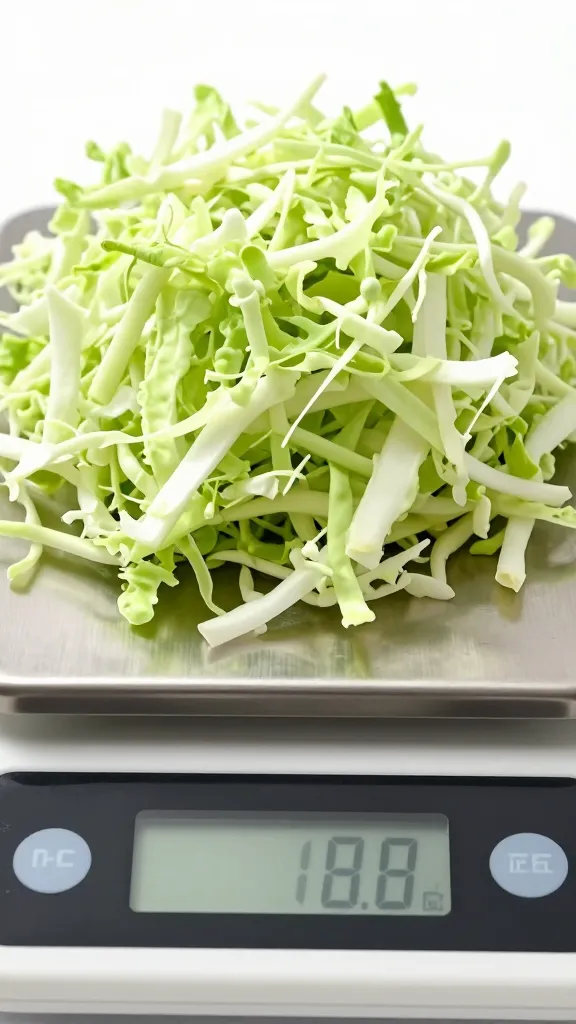 Digital kitchen scale weighing shredded green cabbage, closeup