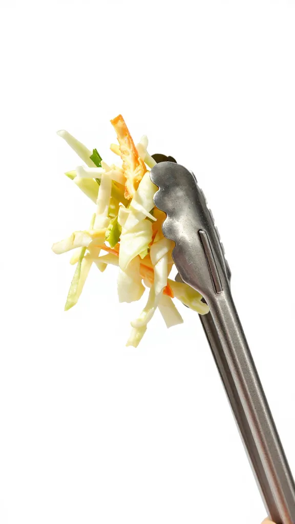 Single tongs holding portioned coleslaw, white background