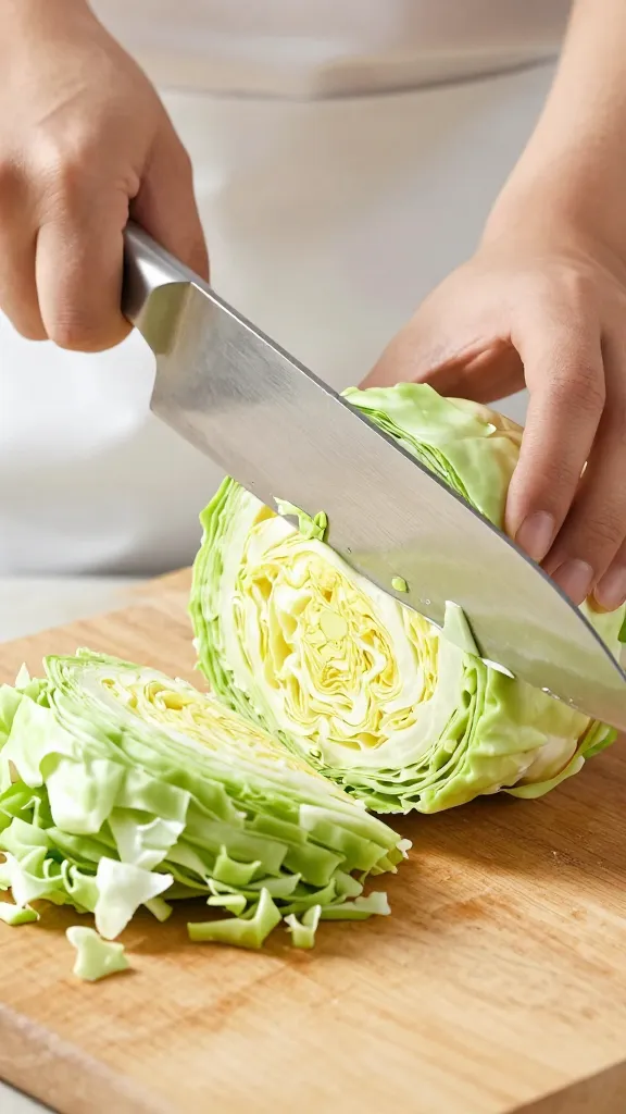 Large chef’s knife slicing green cabbage on wooden board