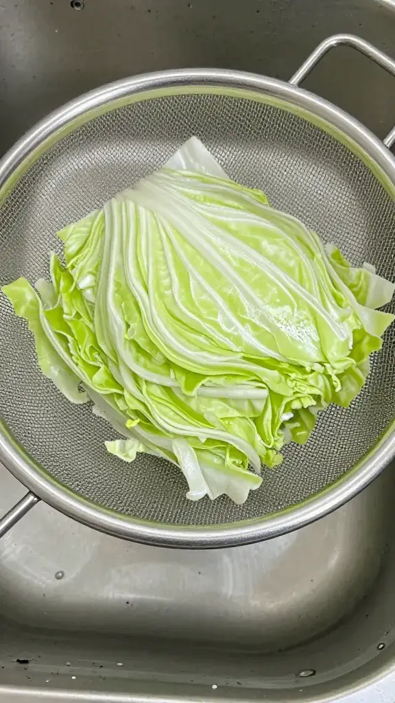 Fine-mesh strainer packed with salted cabbage over sink