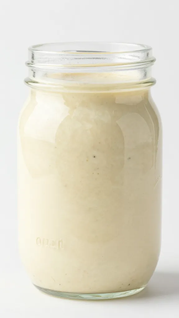 Quart mason jar filled with slaw dressing, labeled ounces