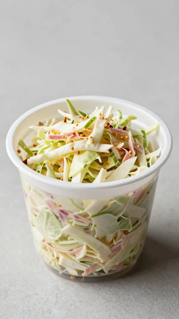 Single disposable 8-ounce portion cup of finished coleslaw