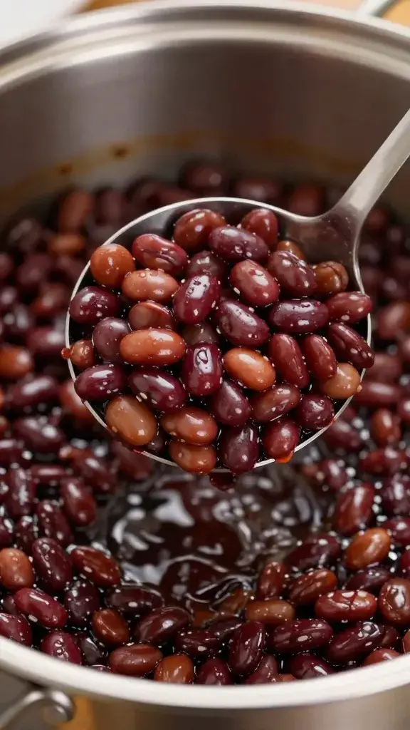 closeup of ladle scooping bbq beans from stockpot