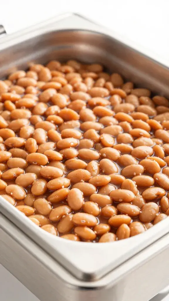 stainless chafing dish filled with bbq beans, closeup