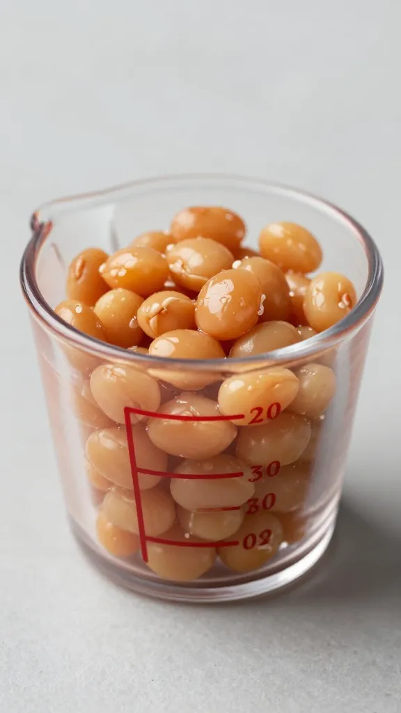 measuring cup showing 1/2 cup bbq beans, macro