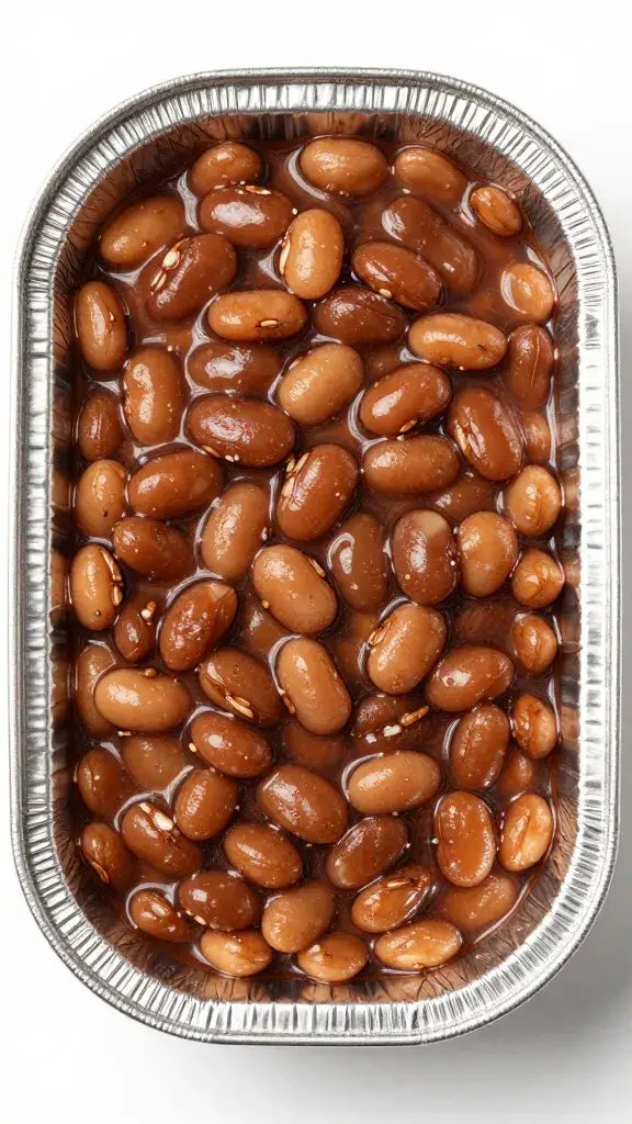 aluminum half steam pan packed with bbq beans, top view