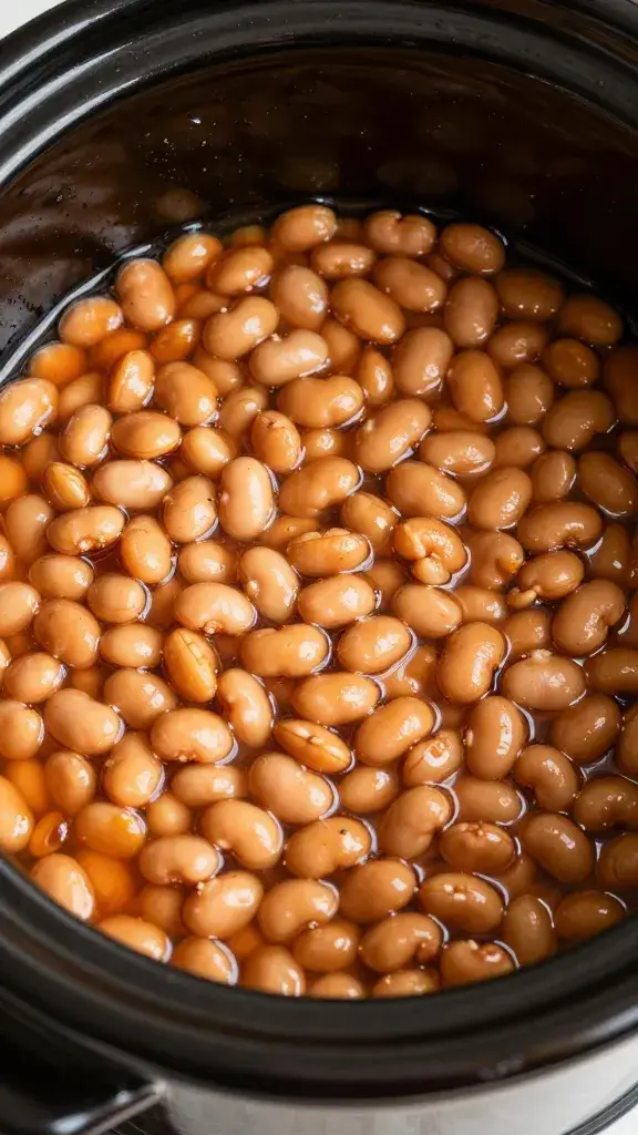 slow cooker crock full of bbq beans, tight shot