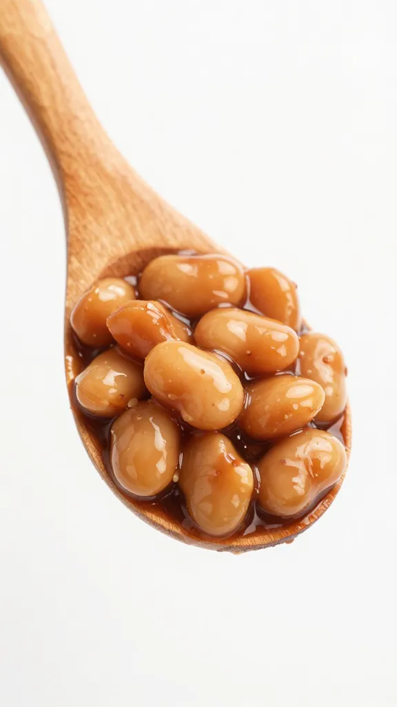 wooden spoon coated in saucy bbq beans, macro