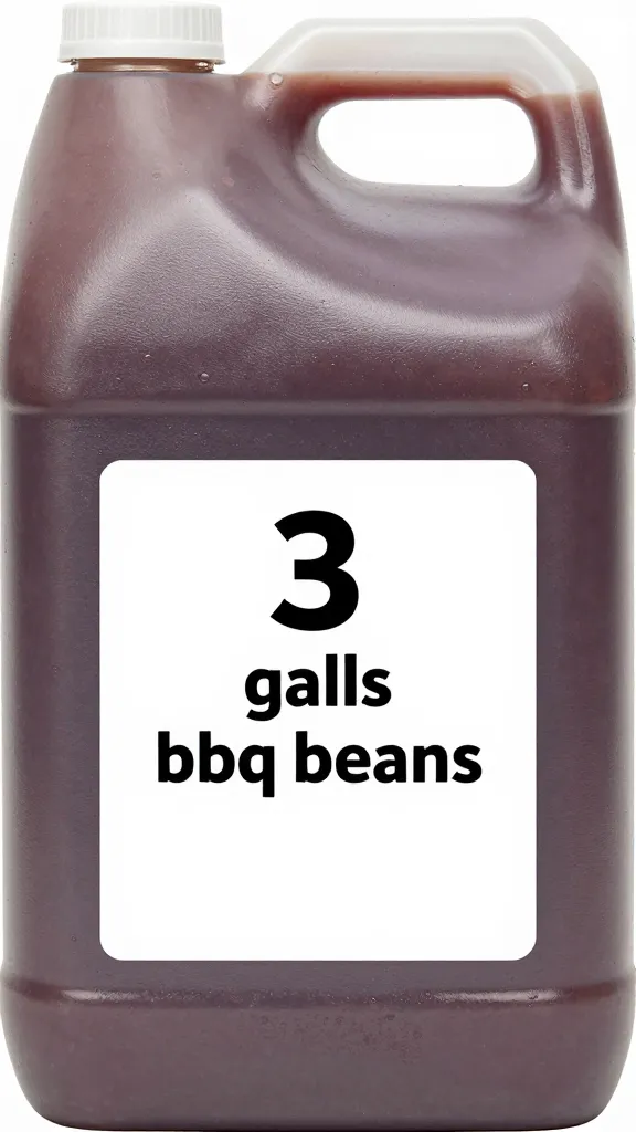 gallon container labeled “3 gallons bbq beans,” closeup