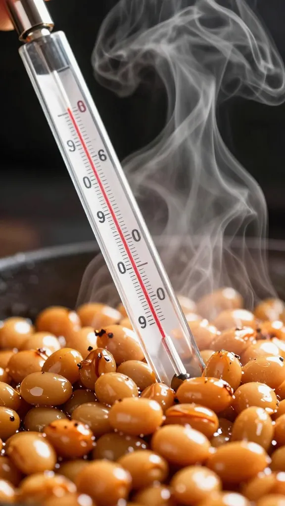 thermometer probe in hot bbq beans, steam rising