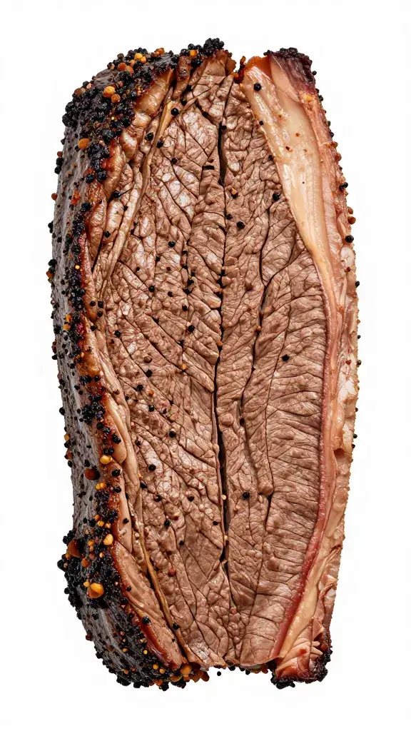 Beef brisket flat with even rub coverage, macro shot