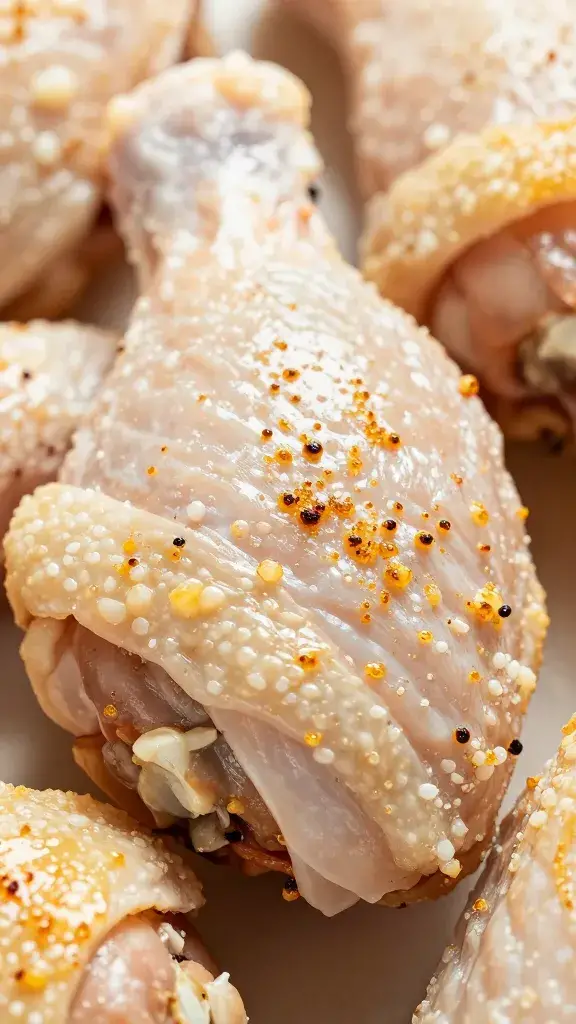 Chicken thigh with rub under crisp skin, closeup