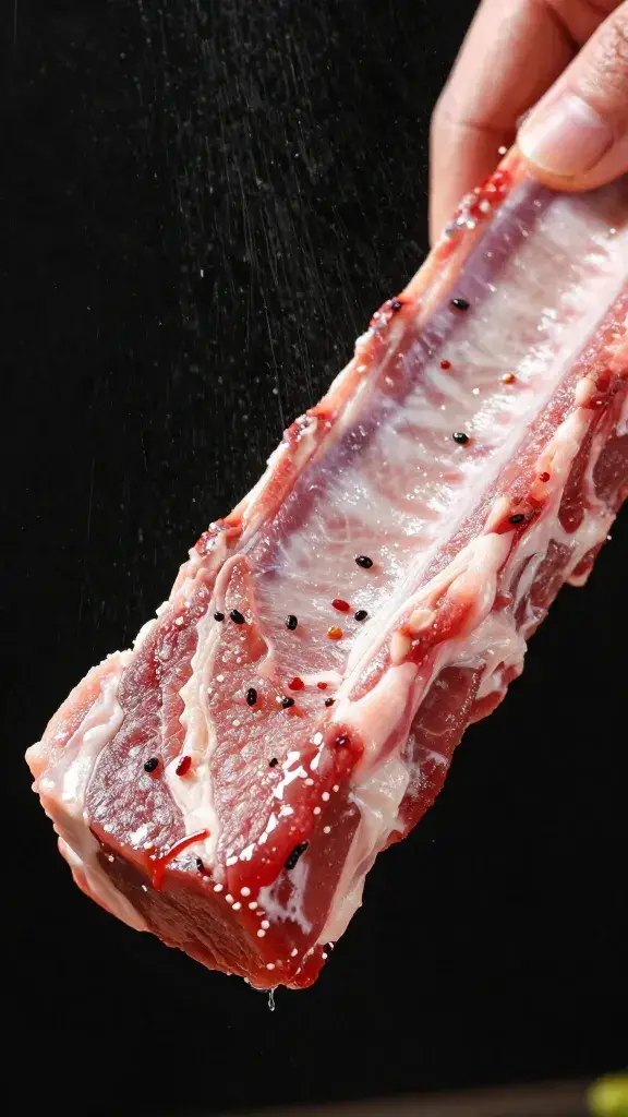 Hand sprinkling rub onto single pork rib, macro
