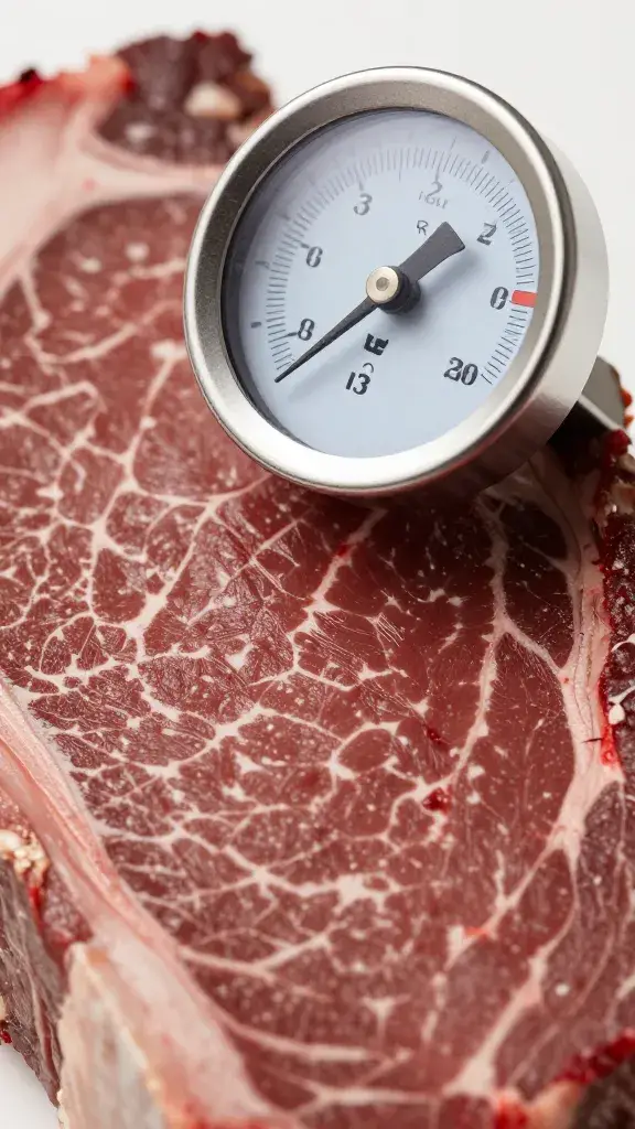 Meat thermometer next to rubbed brisket surface, closeup
