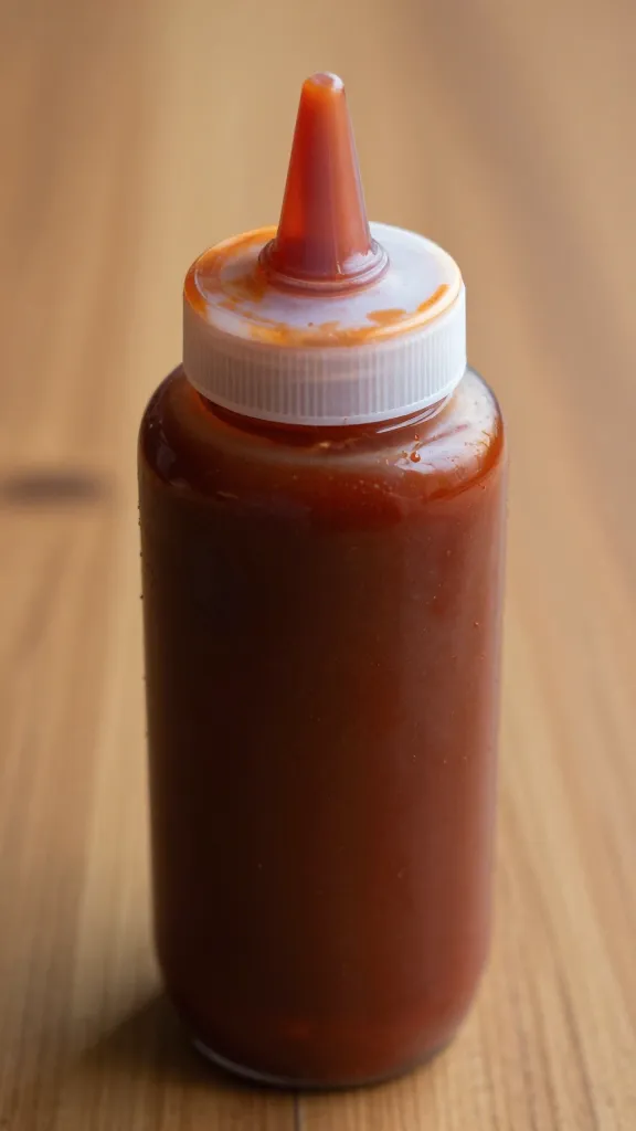 closeup squeeze bottle of bbq sauce on wood table