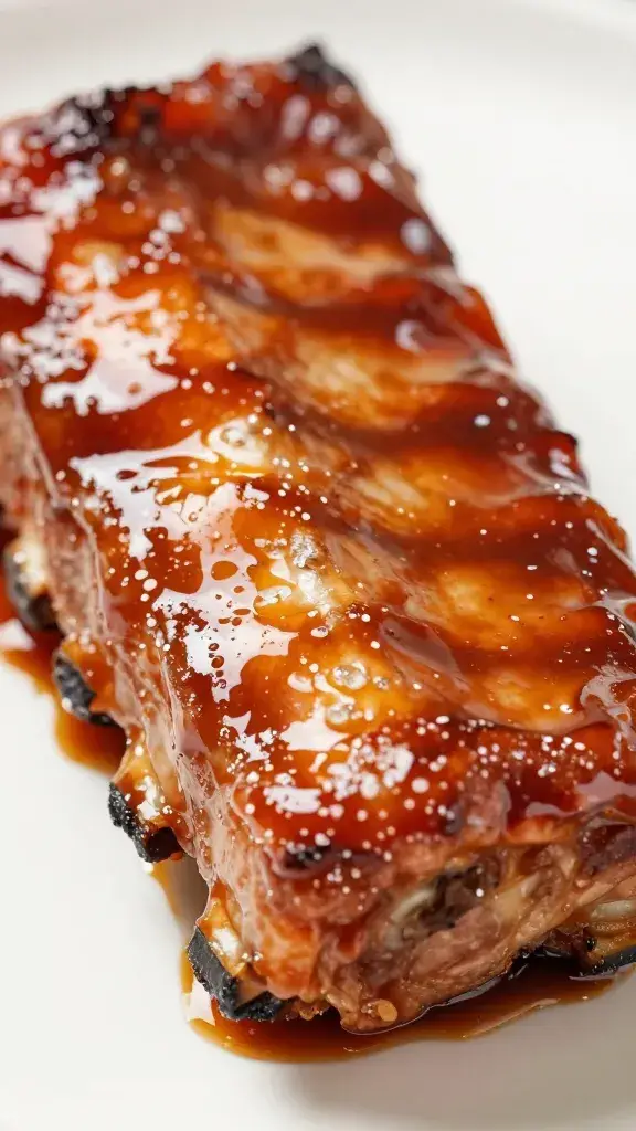 single glazed pork rib with glossy sauce closeup