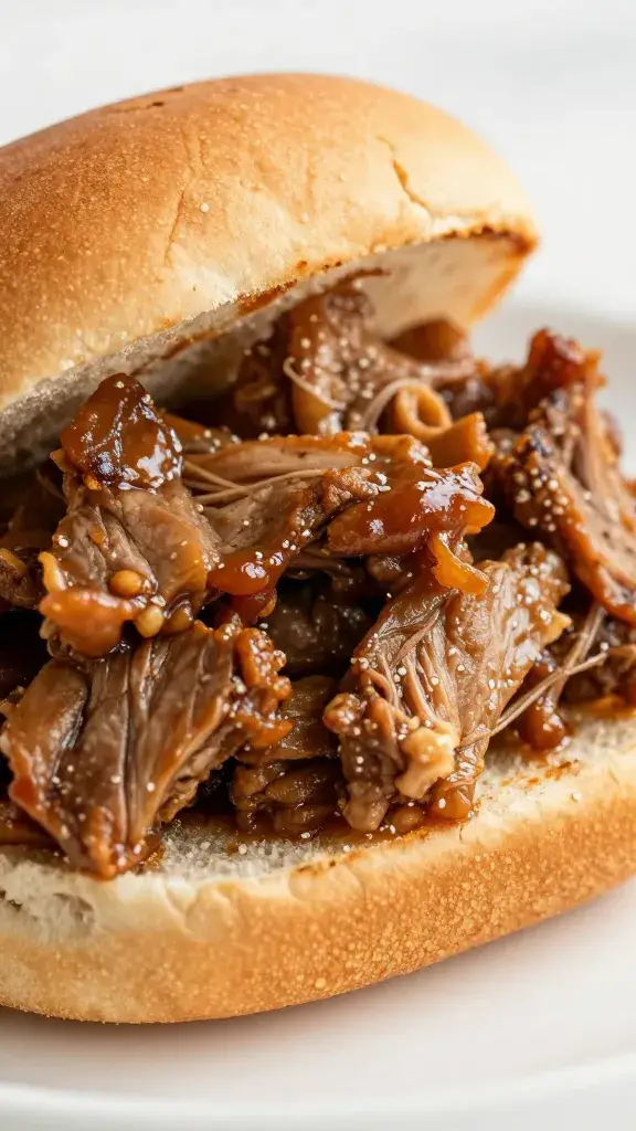 sauced pulled pork mound on brioche bun closeup