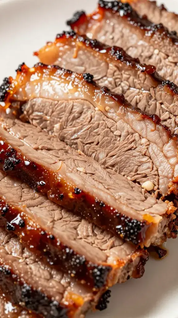 sliced brisket end with thick bbq glaze macro