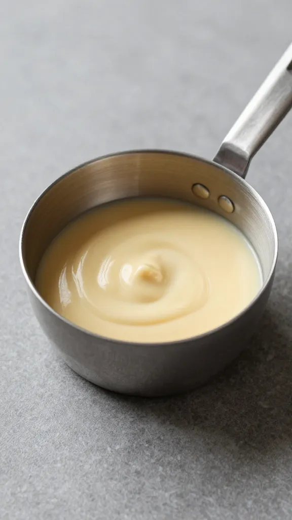 stainless measuring cup filled with 3 ounces sauce
