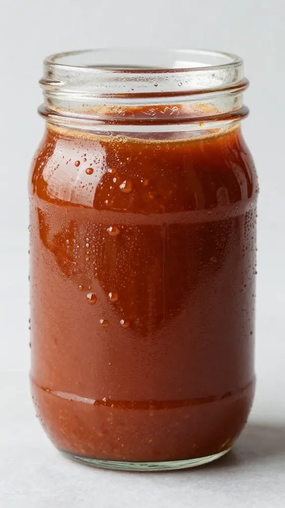 mason jar of homemade bbq sauce with condensation