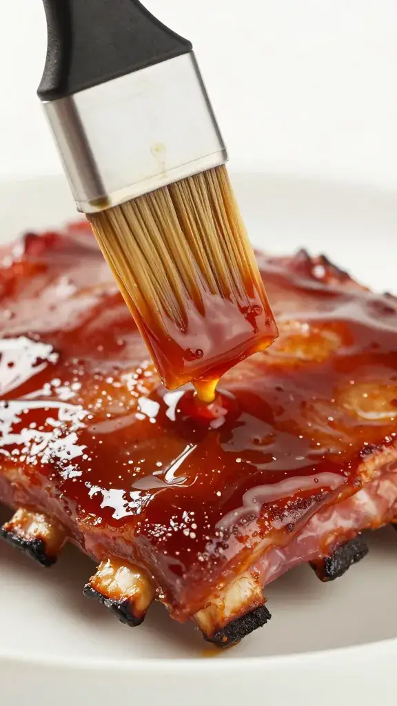 sauce brush dripping bbq glaze over rib closeup