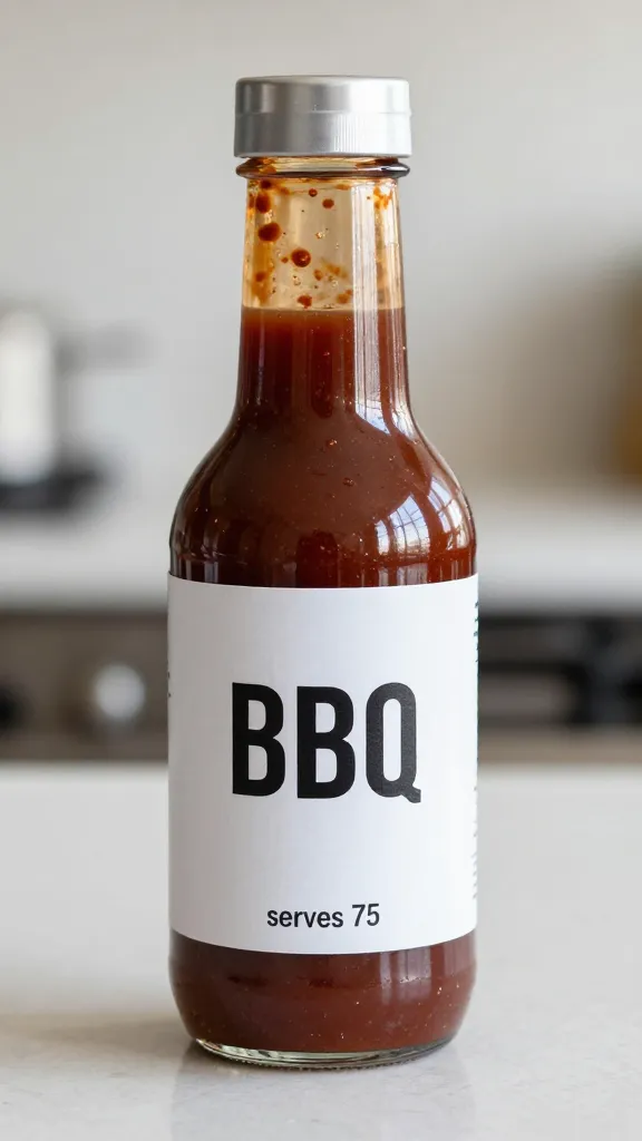 single labeled bbq sauce bottle “serves 75” on counter