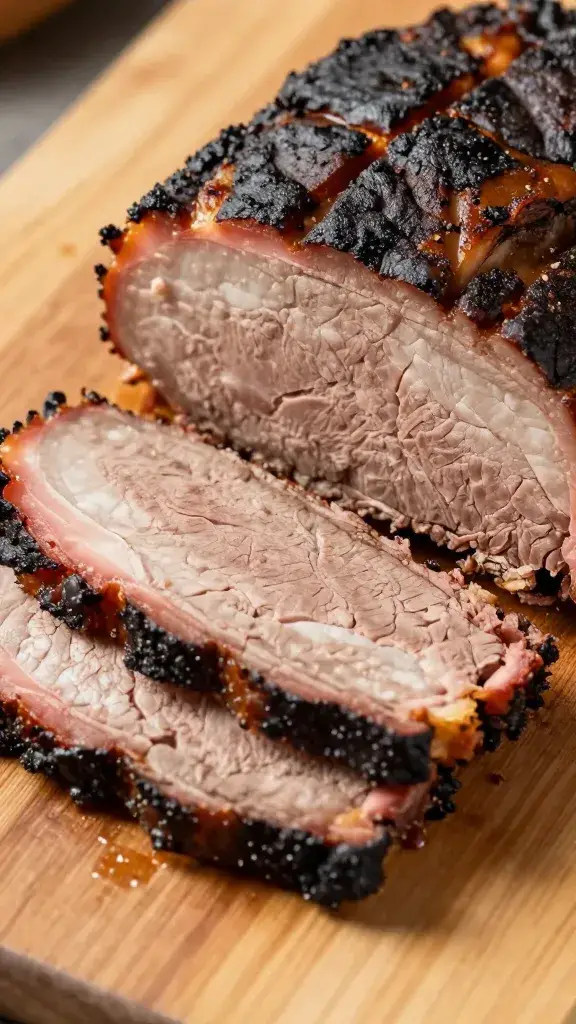 closeup of sliced smoked brisket on wooden cutting board