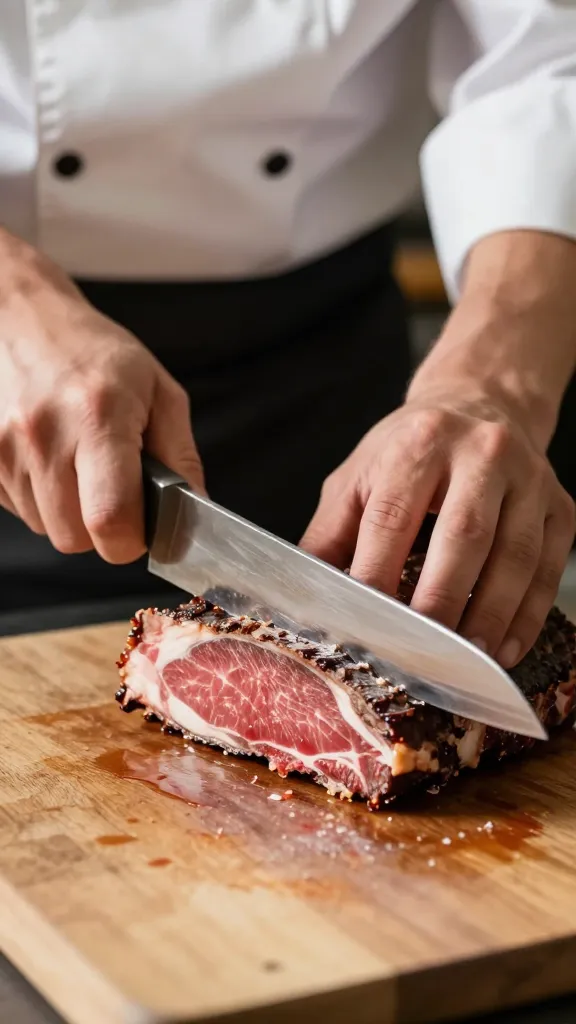 chef’s slicing knife cutting brisket point end