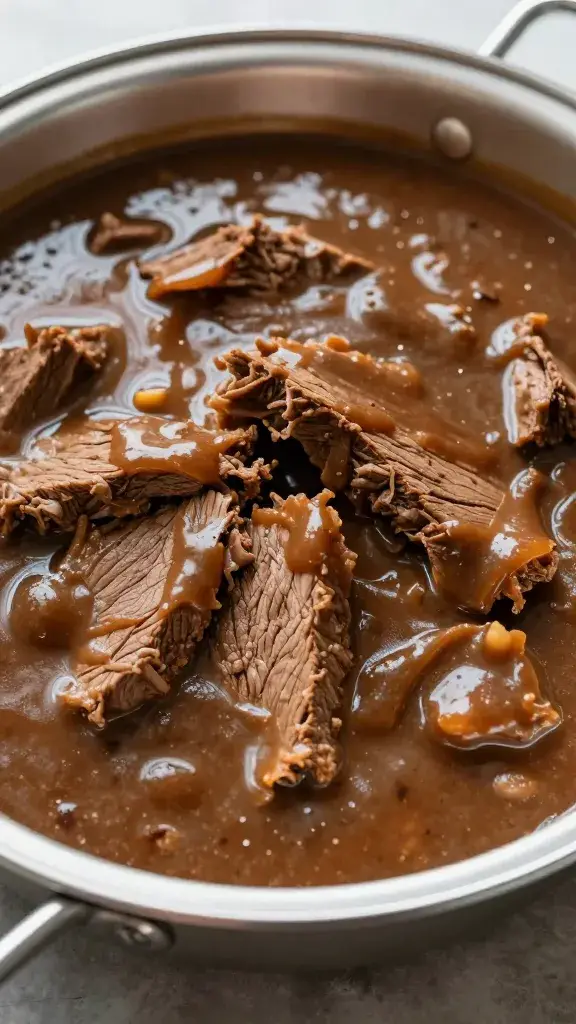 aluminum pan filled with brisket au jus