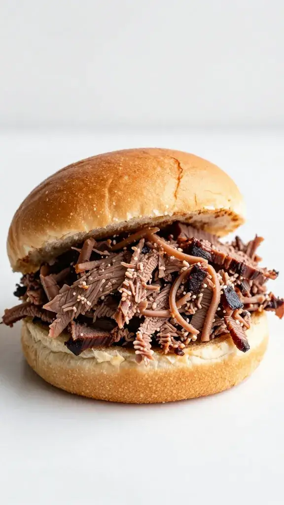 single brioche bun piled with chopped brisket