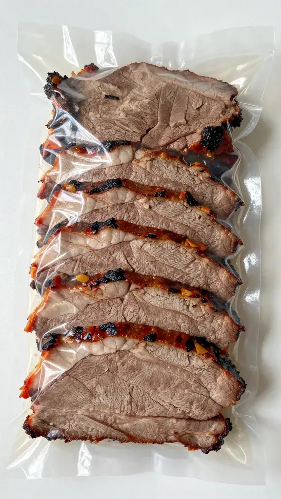 vacuum-sealed brisket slices ready for reheating