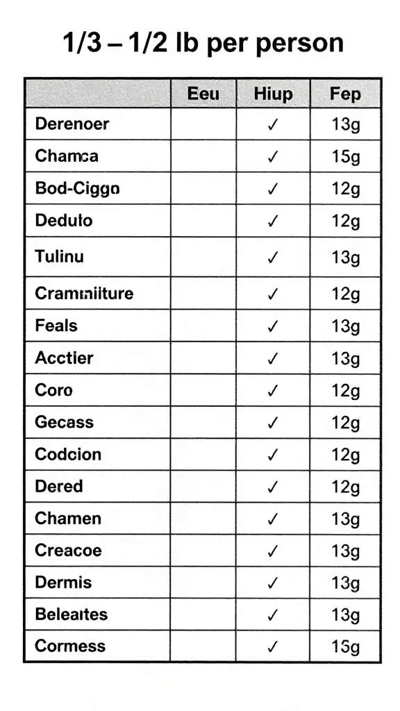printed portion chart card showing 1/3–1/2 lb per person