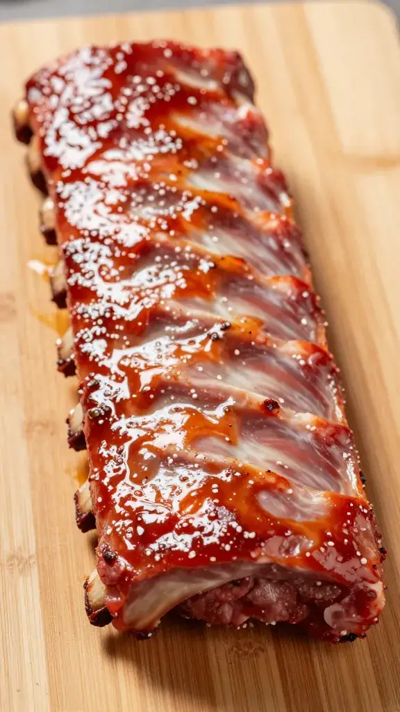 Closeup sauced baby back rib slab on cutting board