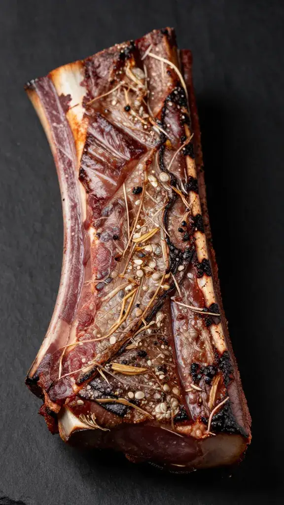 Single St. Louis rib slab with mahogany bark, macro