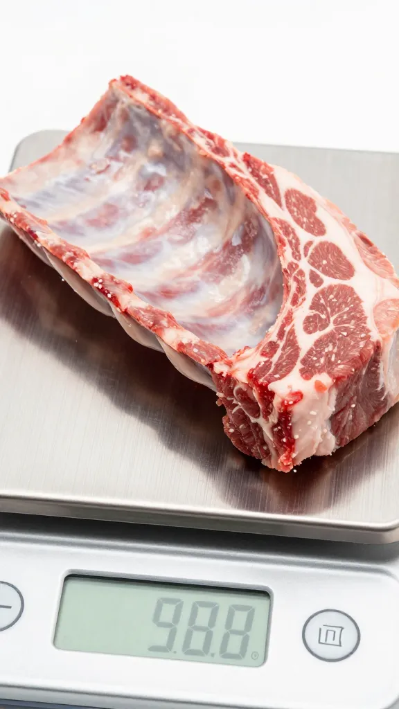 Digital kitchen scale weighing raw rib rack, closeup