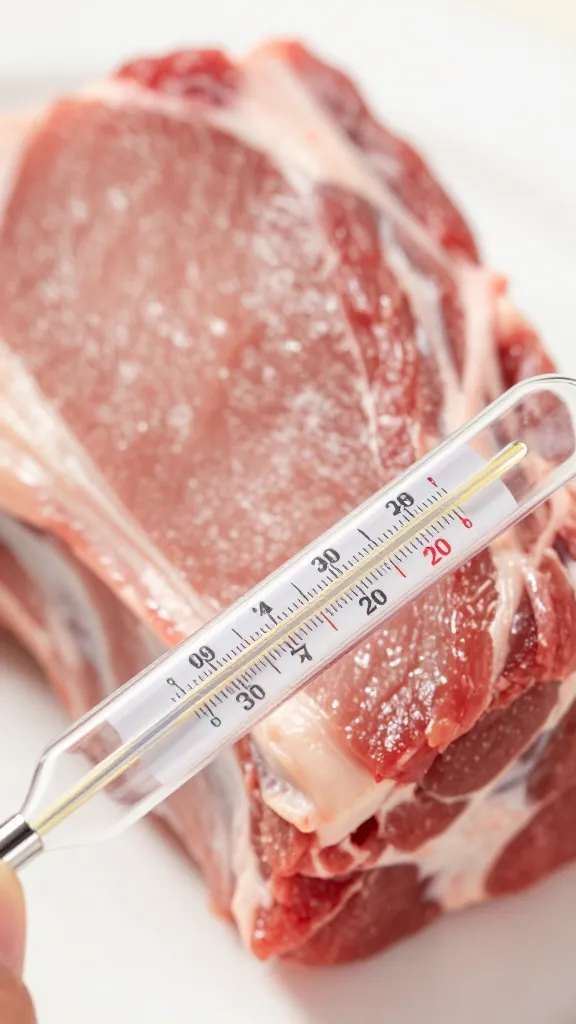 Thermometer probe in rib meat, shallow depth of field