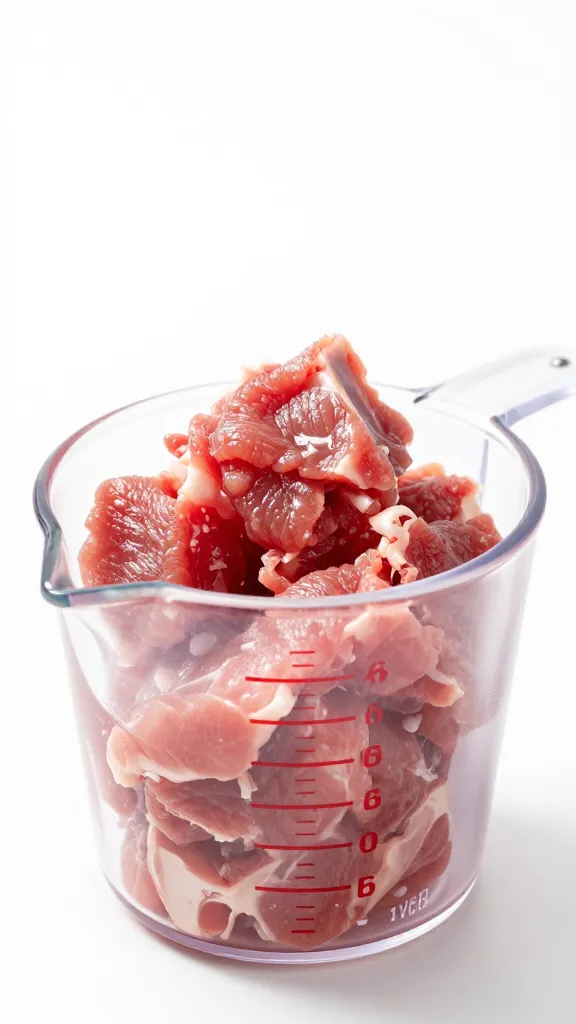 Measuring cup with 6 ounces pulled rib meat, macro