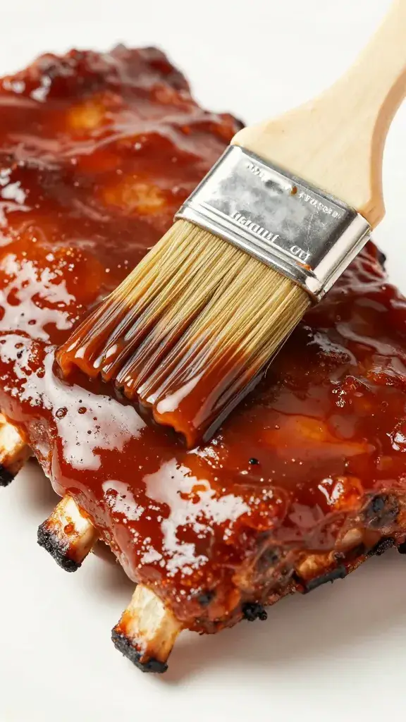 Brushed-on barbecue sauce glaze on rib surface, closeup