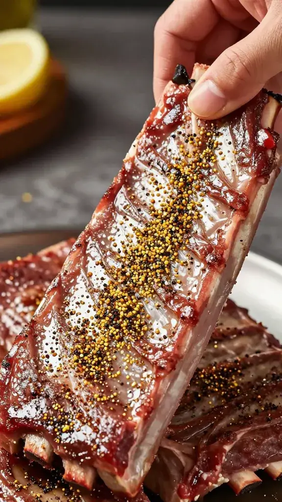 Hand sprinkling dry rub over raw rib rack, closeup