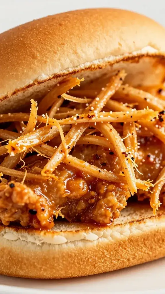 closeup of saucy shredded bbq chicken on brioche bun