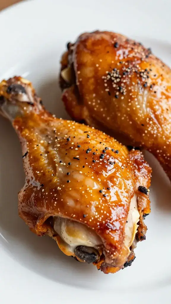 glazed bone-in chicken thigh on white plate, macro