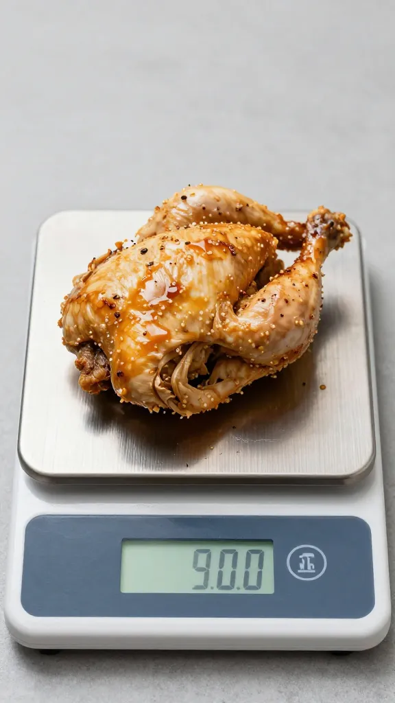 digital kitchen scale weighing cooked pulled chicken