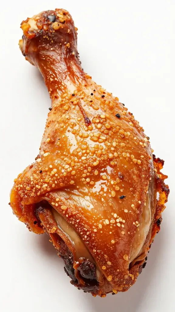 smoked chicken leg quarter, crispy skin, tight closeup