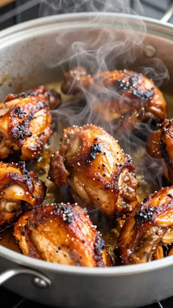 aluminum pan of reheated bbq chicken, steamy closeup