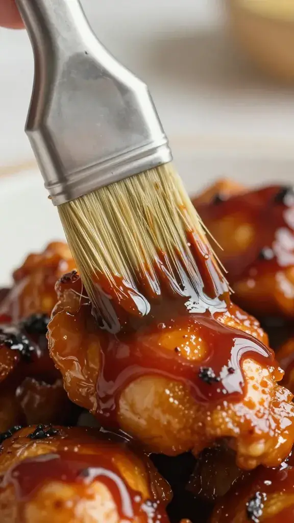 brush glazing chicken with barbecue sauce, macro