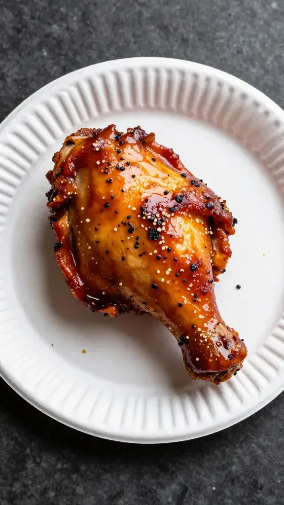 single portion of bbq chicken on paper plate, overhead